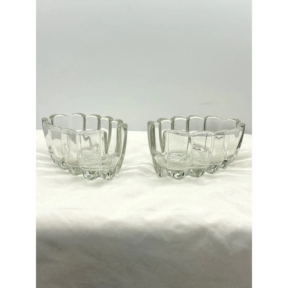 Vintage Clear Scalloped Ribbed Glass Condiment Serving Dishes Set of 2